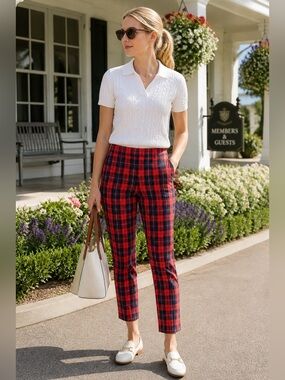 Blue Earth Velare Plaid Dress Pants Small Red Navy Tummy Control Slim Fit